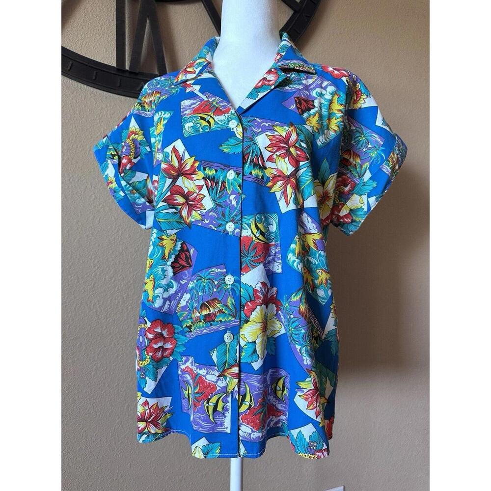 Vtg Cabin Creek Colorful Floral Tropical Short Sleeve Button Up Shirt Womens Med